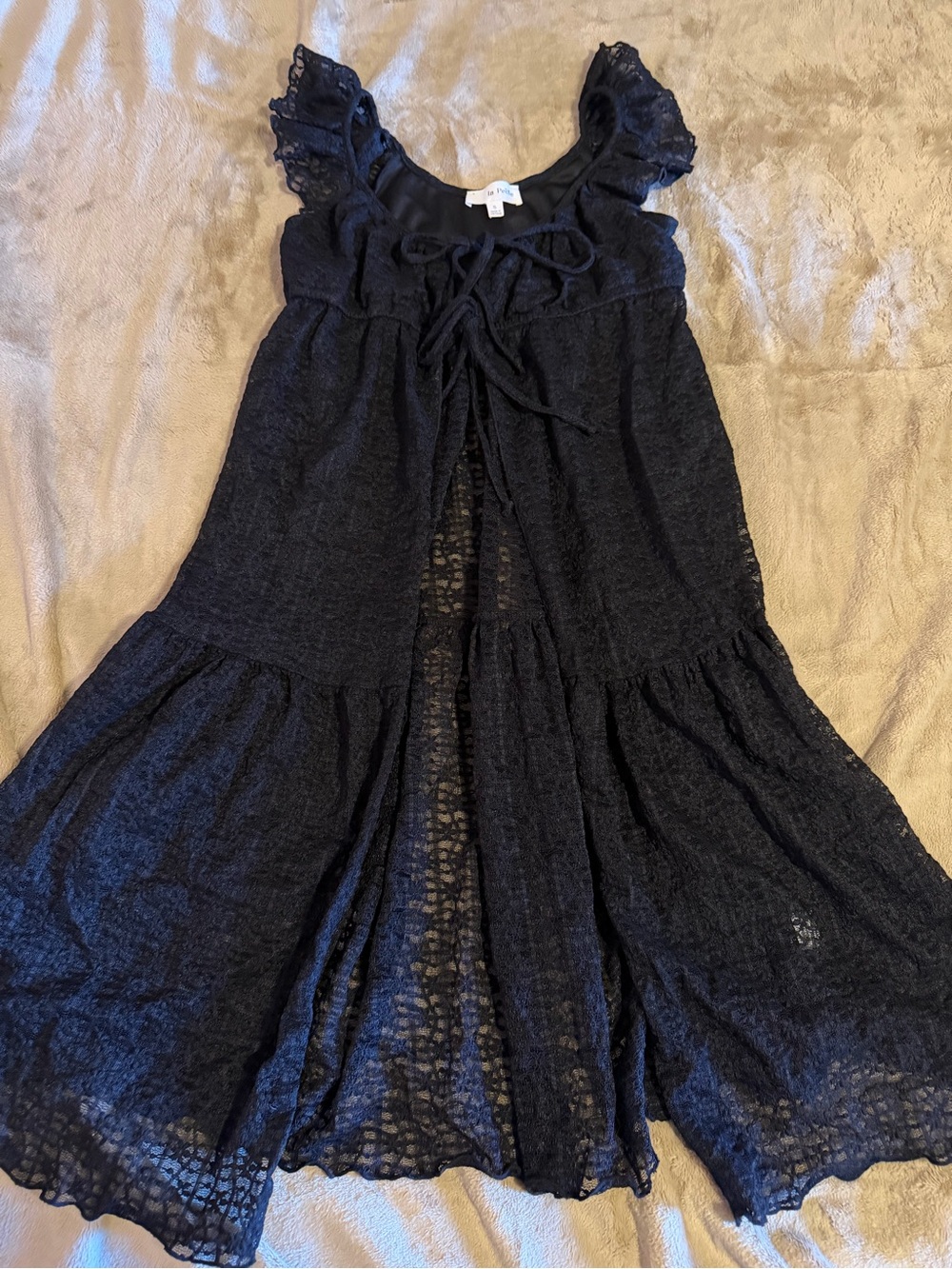 La Peche Y2K Black Lace Duster Romantic Gothic Witch Magic Double Front Ties S